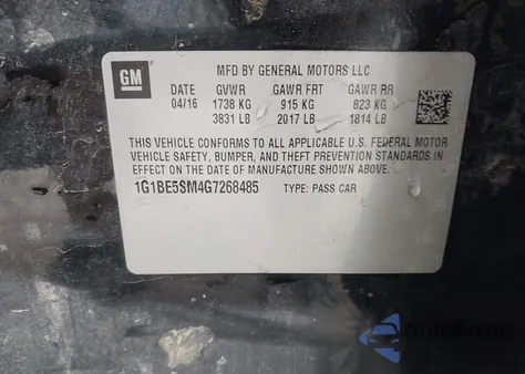 2016 Chevrolet Cruze Lt Auto из США, поврежденный, VIN 1G1BE5SM4G7268485